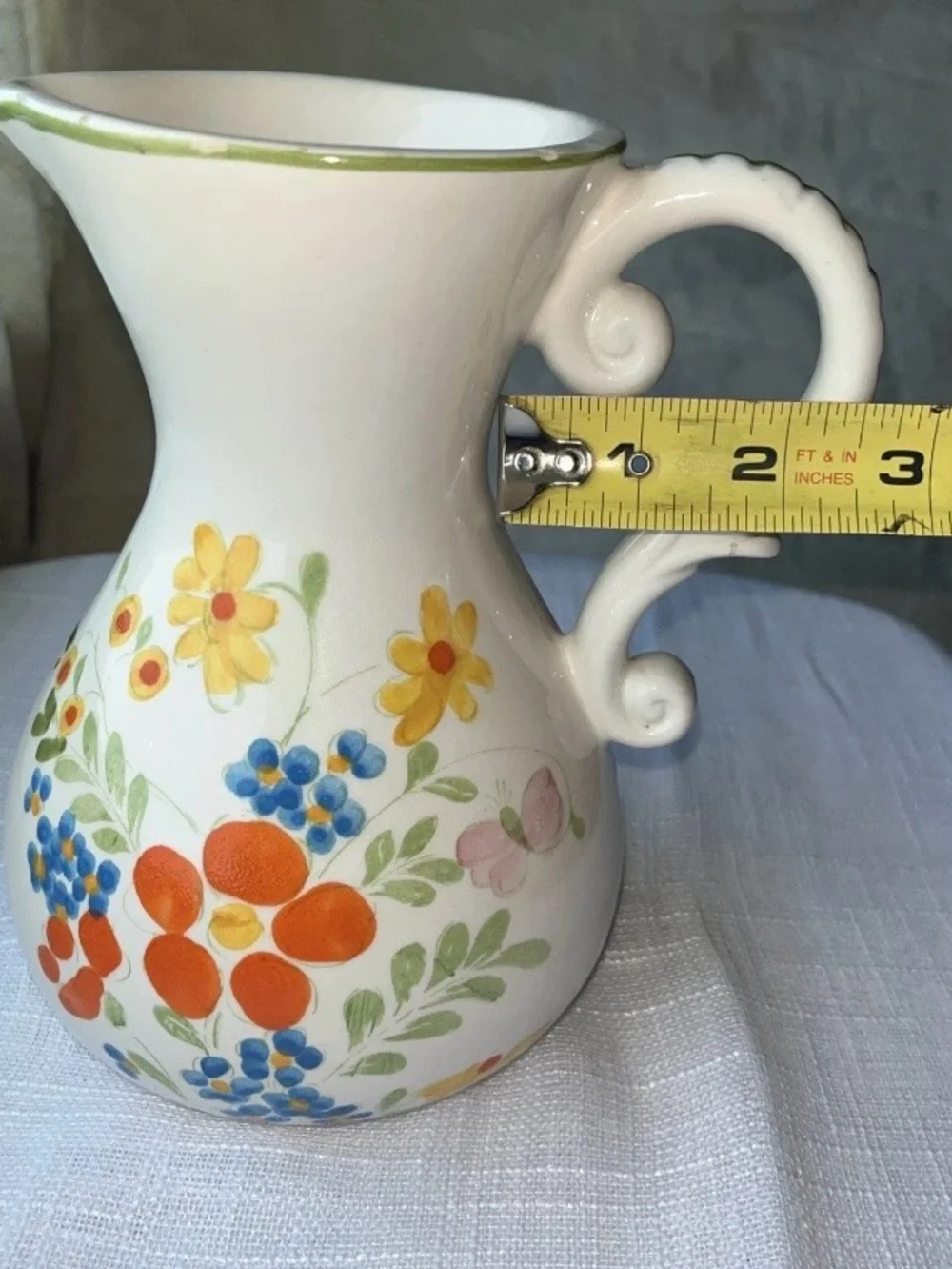 VTG FTDA Weiss-Brazil Ceramic Hand Painted Pitcher Vase Flowers Butterfly 1979